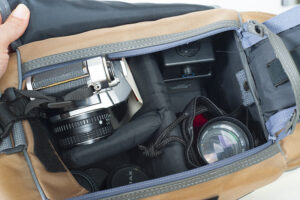Photo of the inside of a 1980s camera bag.