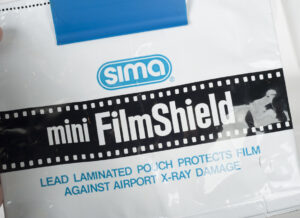 Photo of a lead bag used to protect film from airport X-rays.